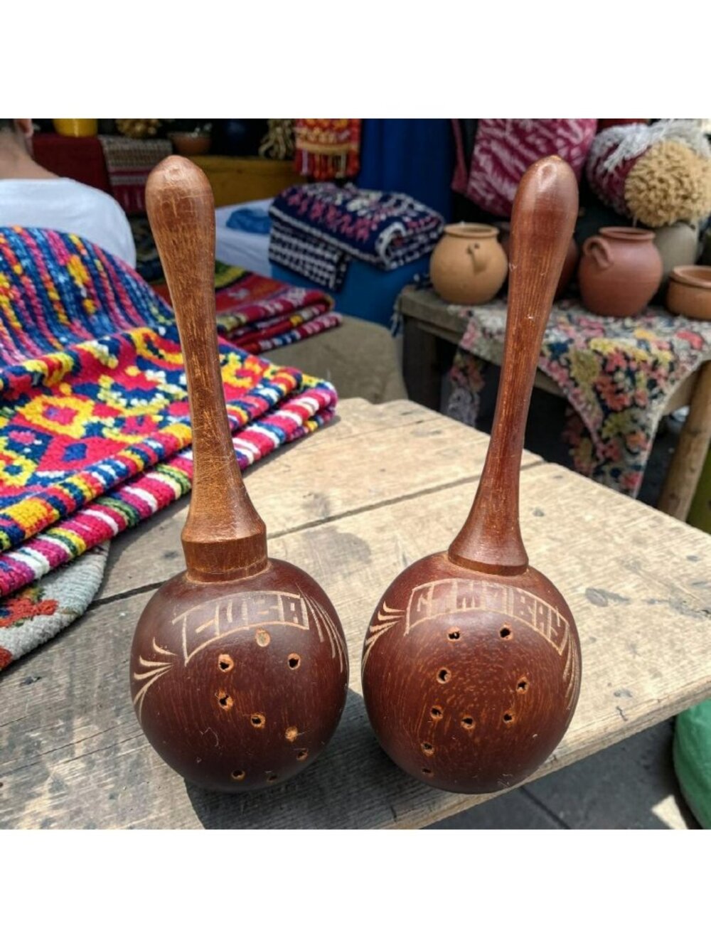 Vintage Wood Maracas Salt & Pepper Shakers Cuba Guantanamo Bay Souvenir 4.75"